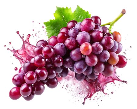 Bunch of red grapes with green leaf on white background with juice splashing purple grapes