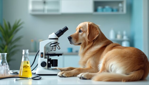 Golden retriever dog looks at microscope in bright laboratory. Vet exam or research with canine friend. Science, pet care, and health analysis.