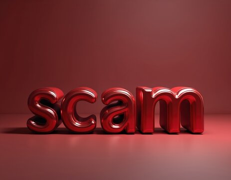 Red 3D text spelling SCAM on a plain maroon backdrop. Shiny metallic letters create a bold warning. This graphic warns about online fraud risk and deception.