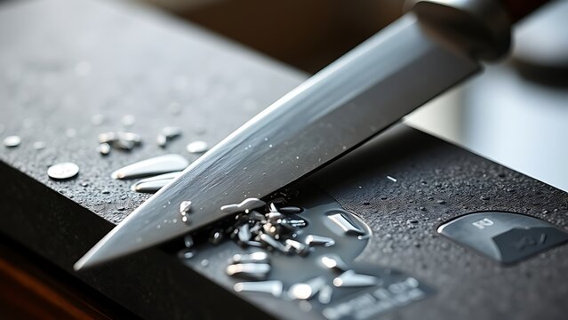 rhythmically. A sharp knife blade being honed on a whetstone with flowing water. safety posters, maintenance manuals, designed for precision metalworking and fabrication facilities.