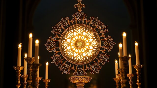 monstrance. Detailed golden monstrance glowing with warm light on a church altar. event programs, museum guides, designed for cultural heritage projects and event programs.