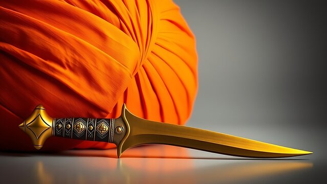 kirpan. Golden dagger beside an orange turban, symbolic still life. event programs, museum guides, cultural reports, designed for cultural heritage projects and event programs, used by chefs.