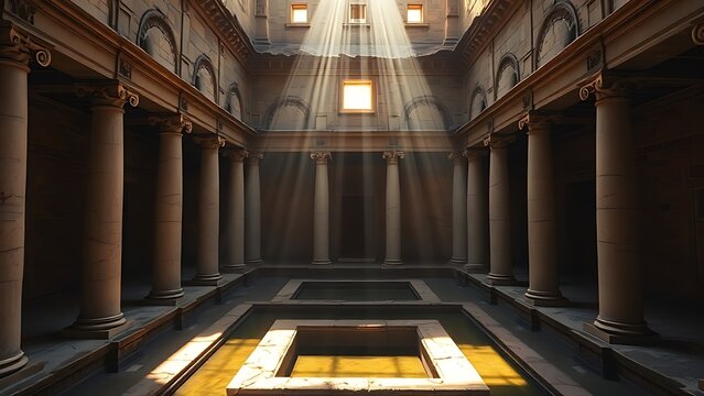 domus. Sunlight streams into an ancient Roman atrium, illuminating a square impluvium pool. real-estate listings, architecture portfolios, designed for interior renovation comparisons for interiors.