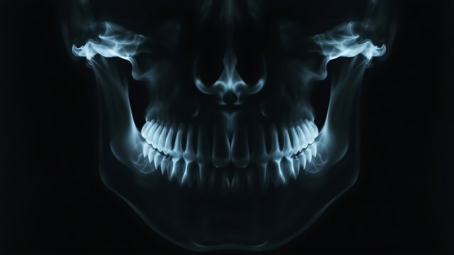 maxillary. An X-ray film showing the bone outline of the maxillary region against a black background. STEM education sheets, lab safety posters, designed for biotech research communications.