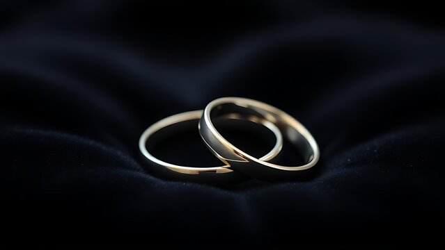 electroluminescence. Two silver wedding bands overlapping on dark velvet fabric. lifestyle magazines, social media lookbooks, designed for lifestyle magazines and social media content.