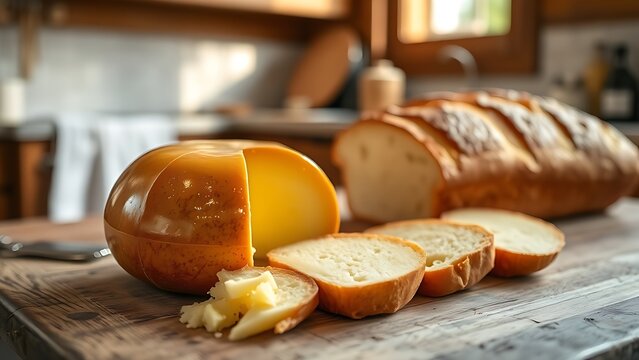 scamorza. Glossy scamorza cheese and fresh bread on rustic wooden table. menu design, packaging mockups, designed for culinary blogs and recipe cards for restaurants, used by account managers.