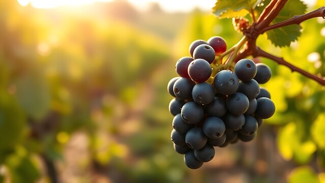 generality. A single cluster of Cabernet Sauvignon grapes glistening with dew in a vineyard under soft sunlight. gardening catalogs, home-decor guides, designed for home decor and floral branding.