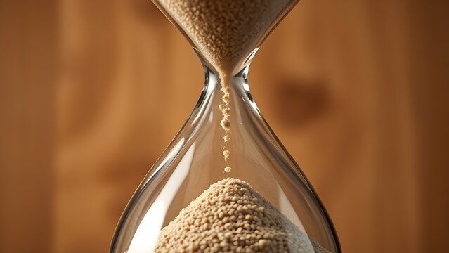 infamy. Final grain of sand falling through hourglass center, soft wooden background, dramatic lighting. wellbeing guides.
