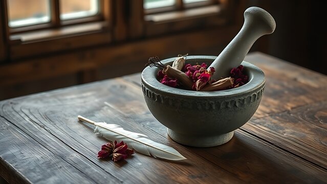 mandrake. Stone mortar with mandrake roots and petals on a wooden table. event programs, museum guides, designed for cultural heritage projects and event programs, elevates cultural identity.