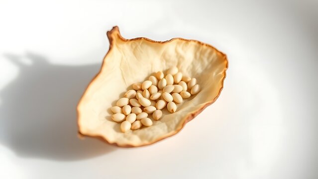 beniseed. A dried sesame pod split open on a white plate, revealing tiny seeds. gardening catalogs, home-decor guides, designed for home decor and floral branding, used by chefs.