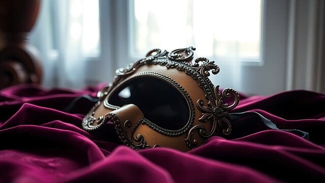 amrit. Ornate Venetian mask resting on dark velvet fabric, soft light highlighting its decorative details. event programs, museum guides, designed for cultural heritage projects and event programs.
