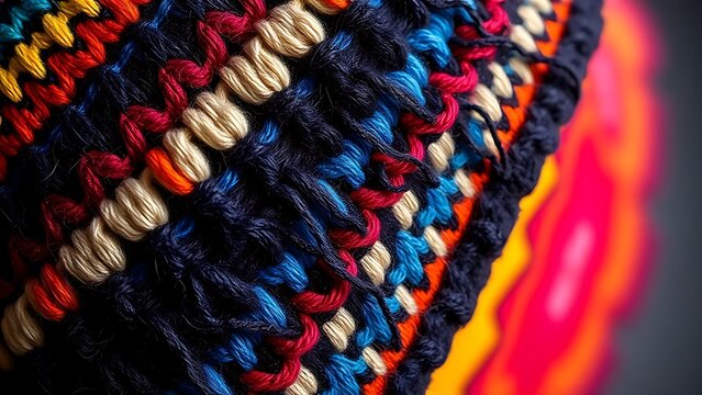 deontology. Colorful traditional Andean knitted hat with intricate geometric patterns. event programs, museum guides, designed for cultural heritage projects and event programs, preserves heritage.