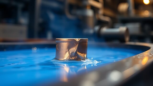 electrolytic. A copper part emerging from a blue electrolytic bath in an industrial setting. safety posters, maintenance manuals, designed for precision metalworking and fabrication facilities.