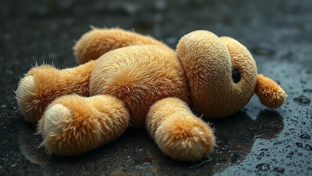 expropriated. A discarded plush toy lying in the rain with wet, matted fur, muted colors. lifestyle magazines, social media lookbooks, designed for lifestyle magazines and social media content.