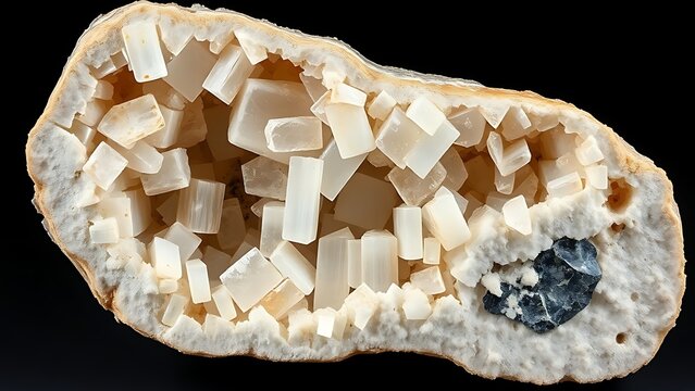 pegmatite. Split pegmatite rock specimen showing large interlocking crystals. STEM education sheets, lab safety posters, designed for STEM education and laboratory safety posters, used by architects.