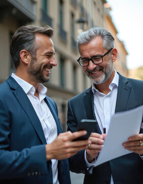 Two smiling businessmen in suits review document and phone outdoors. Older man with glasses and younger man discuss work on city street. Pro meeting, partnership, technology use.