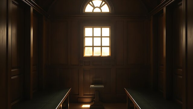 kneeler. The interior of an empty confessional booth with soft light entering through a wooden lattice. event programs, museum guides, designed for cultural heritage projects and event programs.