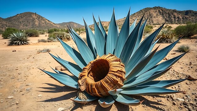 amalgam. A mature blue agave plant lies harvested on the arid desert ground under harsh sunlight. gardening catalogs, home-decor guides, designed for gardening and botanical catalogs.
