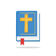 Obraz premium Illustrated Bible with a golden cross symbol on a blue cover and a red bookmark