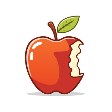 Red apple with a bite taken out and green leaf illustration
