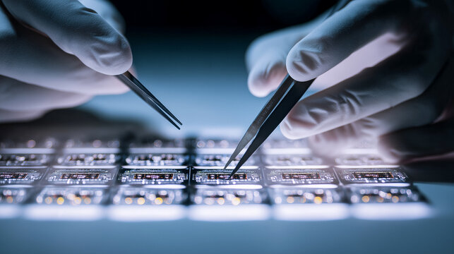 Close up of gloved hands assembling micro electronic components on circuit board in high tech laboratory with precision tools and shallow depth of field