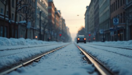 Fototapeta premium Low angle view of snow covered tram tracks on city street. Car drives on road, buildings line avenue. Cold winter morning atmosphere with pale sky.
