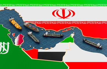 Plakat Strait of Hormuz shipping crisis map with tankers and trade routes. Shipping disruption, energy chokepoint risk and Gulf supply shock, 3d rendering