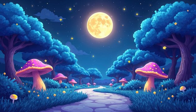 Enchanted forest night scene with large glowing moonlit moon and vibrant blue trees. Magical giant mushrooms line a winding stone path under a starry sky.