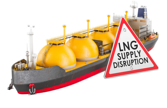 LNG tanker with warning sign LNG supply disruption, Middle East gas supply disruption concept. 3D rendering