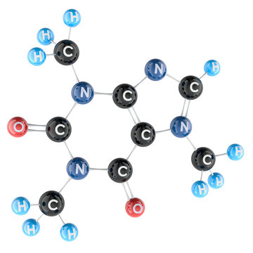 Caffeine molecule ball and stick model chemical structure, 3d rendering