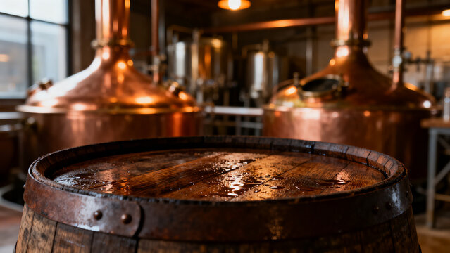 Distillery barrels and copper stills, showcasing the traditional process of spirit production