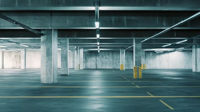 Empty underground parking garage featuring concrete pillars, ceiling, and walls, illuminated by rows of fluorescent lights, conveying a feeling of vastness and urban isolation