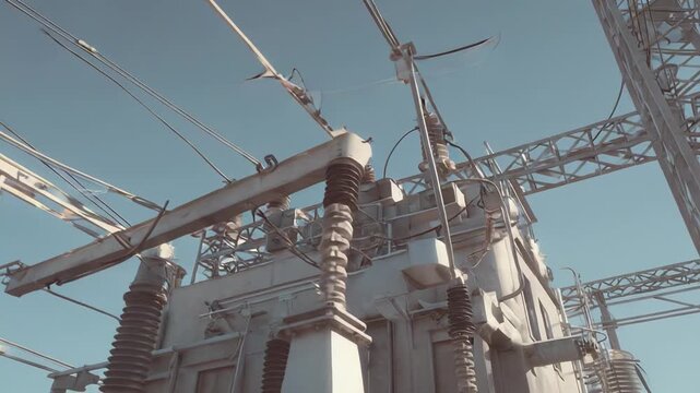 Electrical substation with high voltage insulators and wires forming part of a sophisticated power grid infrastructure against a clear sky, crucial for energy transmission