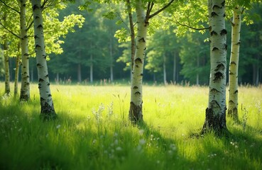 Obraz premium White birch trees with green leaves grow in a sunlit summer meadow. Tall slender trunks stand in a clearing with lush grass and blurred forest background. Peaceful nature scene.