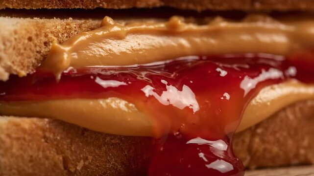 Close-up of a peanut butter and jelly sandwich with gooey jam filling