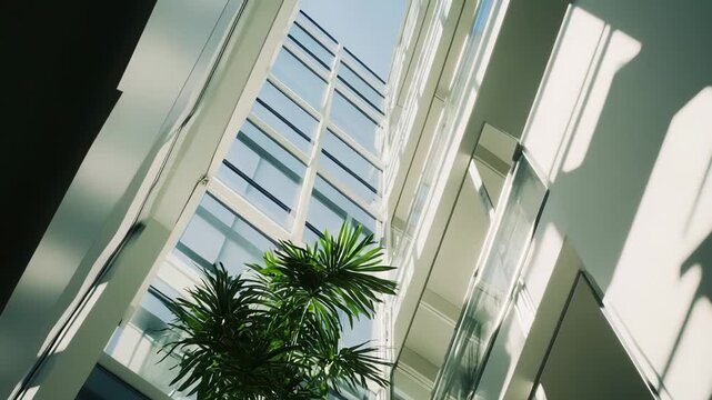 Modern interior atrium with a tall green palm, geometric glass architecture and strong sunlight casting sharp shadows and reflections across bright, minimalist surfaces