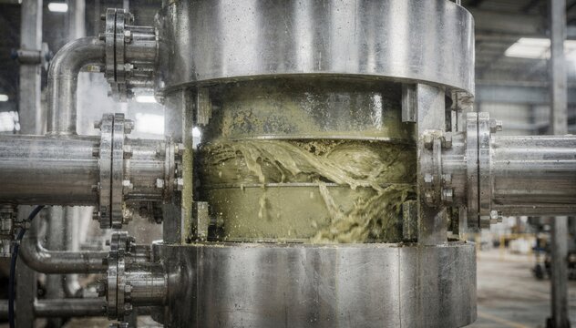 Closeup medium shot capturing a single alumina liquor countercurrent washer unit with visible pipes and swirling liquid filtration effects.