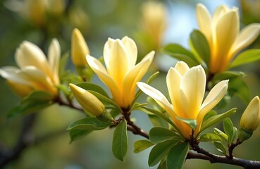 Fototapeta premium Yellow magnolia flowers bloom on tree branches with green leaves. Spring season brings bright yellow blossoms. Detail of flowering plant in nature.