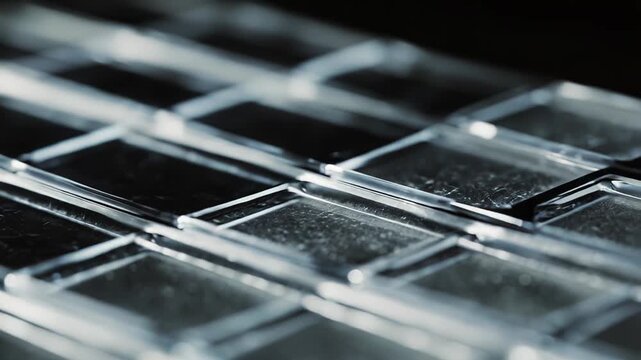 Glass microscope slides or similar clear rectangular objects are arranged in a grid pattern, creating a transparent, textured surface with reflections and refractions