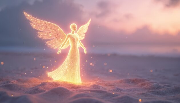 Ethereal glowing angel with sparkling wings stands on a sandy beach at sunset. Celestial figure emanates warm light and magic in a dreamy landscape. Spiritual, divine, peaceful scene.