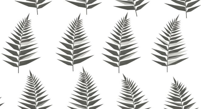 Seamless pattern of dark green fern leaves on white background, botanical illustration