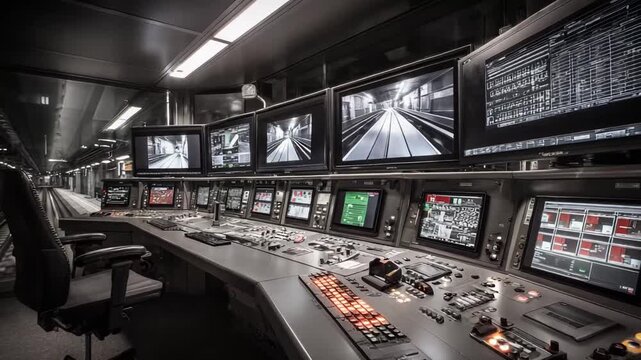 Operations control center managing underground public transport system, featuring screens displaying real time tunnel footage and intricate data for safety and efficiency