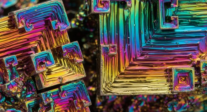 Iridescent Bismuth Crystal Macro Close-up with Vibrant Rainbow Colors and Stepped Geometric Structure