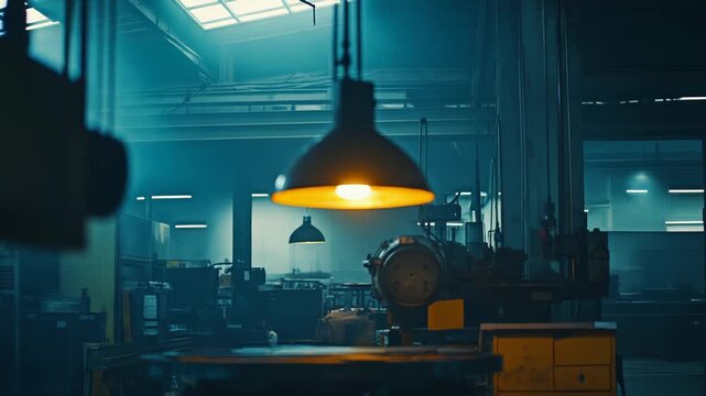 Hanging industrial lamp casting a warm glow over an empty workbench in a factory, highlighting the moody atmosphere and machinery in the dimly lit background