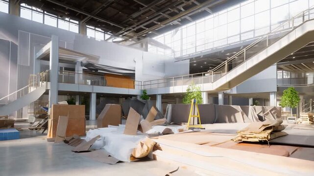 Spacious multi level building interior is currently undergoing construction or renovation with scattered materials, stages, and stairs bathed in natural light from expansive windows
