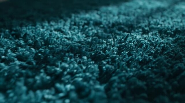 A close-up view of a dark teal shaggy carpet texture indoors