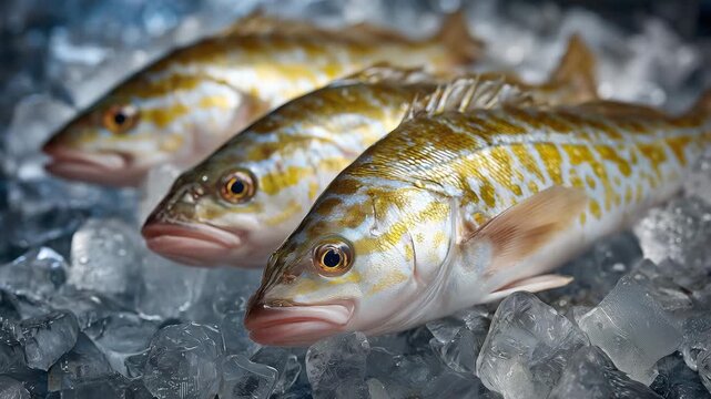 365Fresh codfish arranged on crushed ice, scales reflecting subtle white and silver highlights, professional culinary presentation