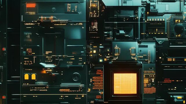 Intricate glowing circuit board detail revealing advanced digital information processing and electronic data communication, representing concepts of future innovation and connectivity