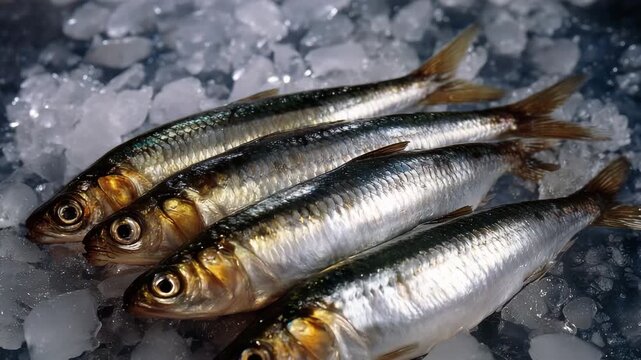 370Freshly caught herring laid on ice, metallic sheen and silver scales glinting, neat arrangement in market context