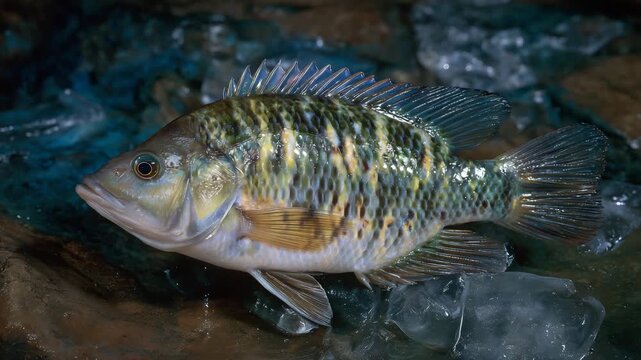 376Whole tilapia on ice, smooth and shiny scales catching sunlight, droplets of water glistening on textured surface, fresh lake-caught appearance